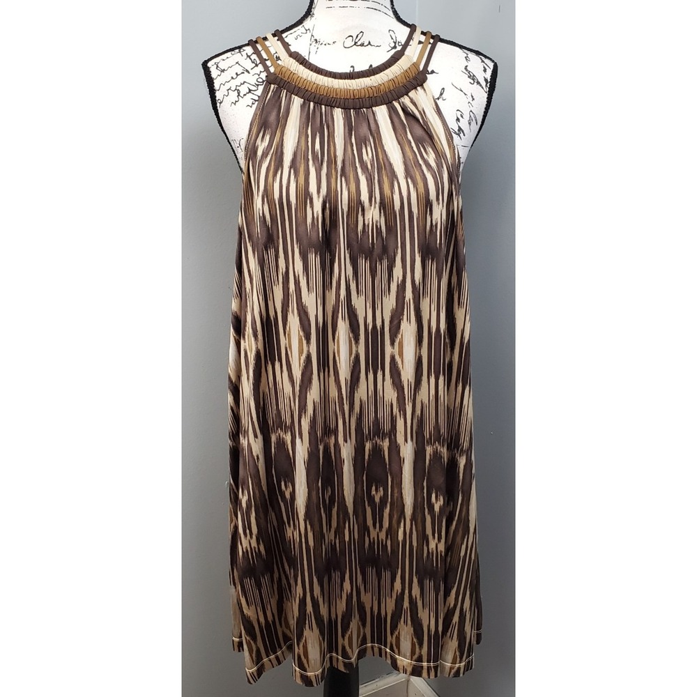 BCBGMAXAZRIA Runway Halter Dress Womens Small Brown Tan Ikat Keyhole Back Button